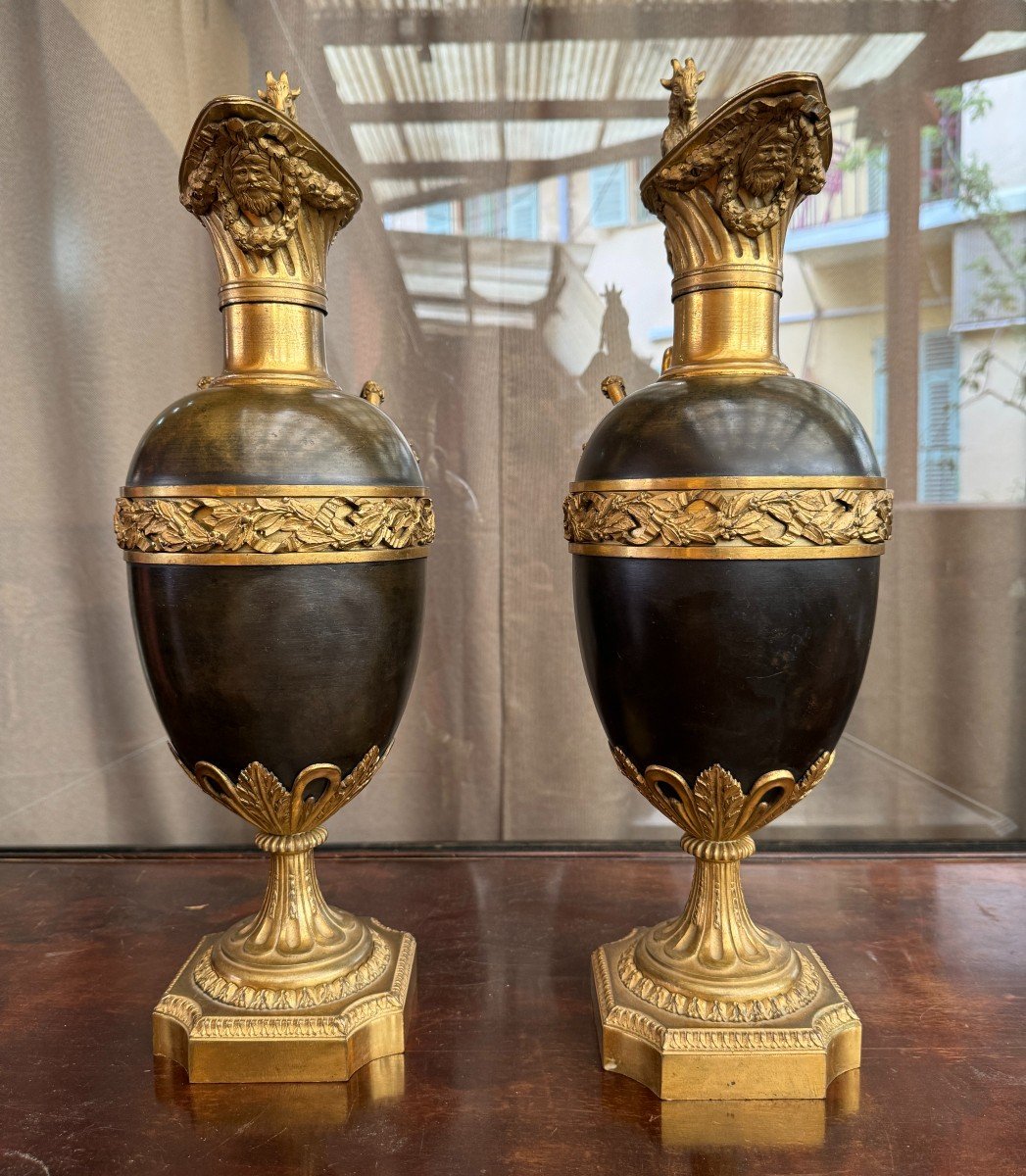 Pair Of Ewers In Patinated And Gilded Bronze, Early 19th Century-photo-5