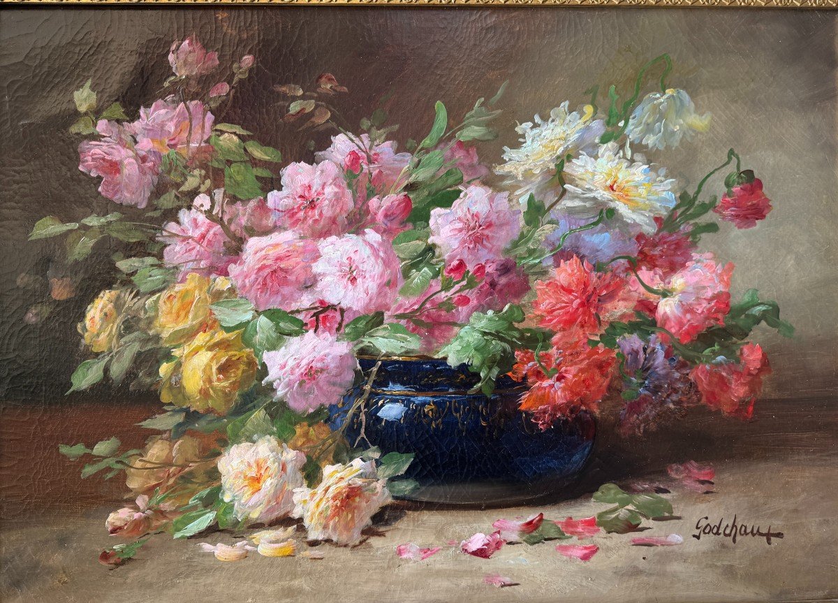 Godchaux Emile (1860-1938) - Paire d'Huiles Sur Toiles " Compositions Florales " Fin XIX° -photo-4