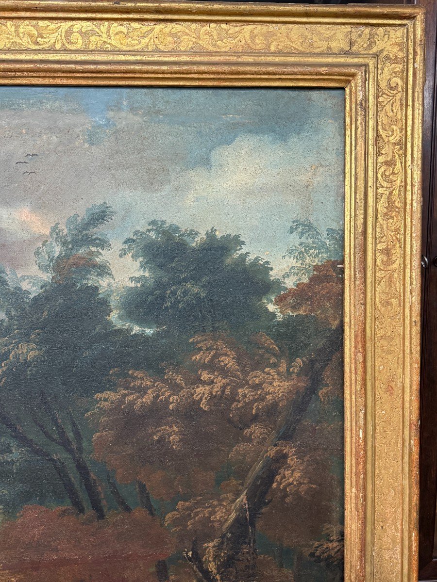 Large Oil On Canvas "animated Landscape" Beautiful Period Frame, 17th Century-photo-2