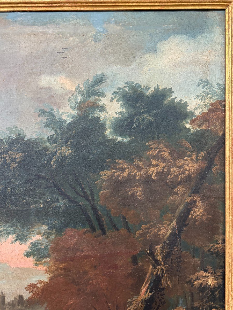 Grande huile sur toile " Paysage animé " très beau cadre d'époque,  XVII° siècle-photo-1