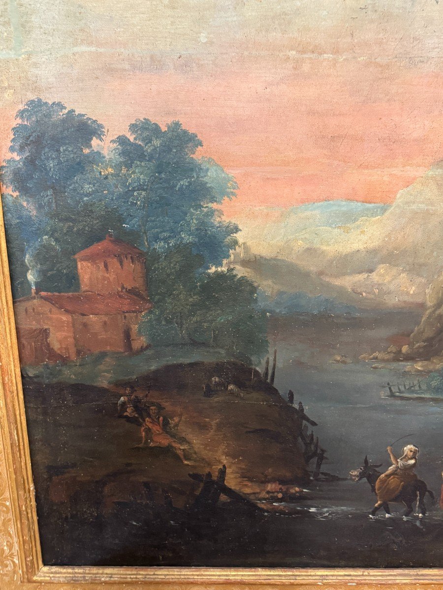 Large Oil On Canvas "animated Landscape" Beautiful Period Frame, 17th Century-photo-4