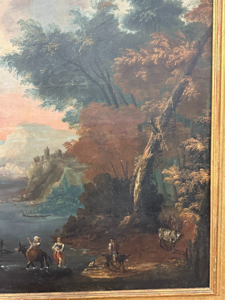 Grande huile sur toile " Paysage animé " très beau cadre d'époque,  XVII° siècle-photo-6