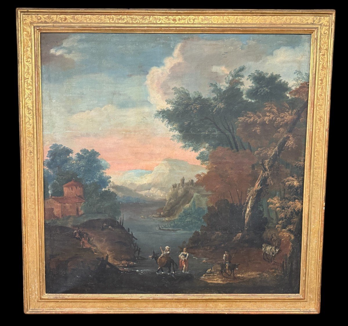 Large Oil On Canvas "animated Landscape" Beautiful Period Frame, 17th Century