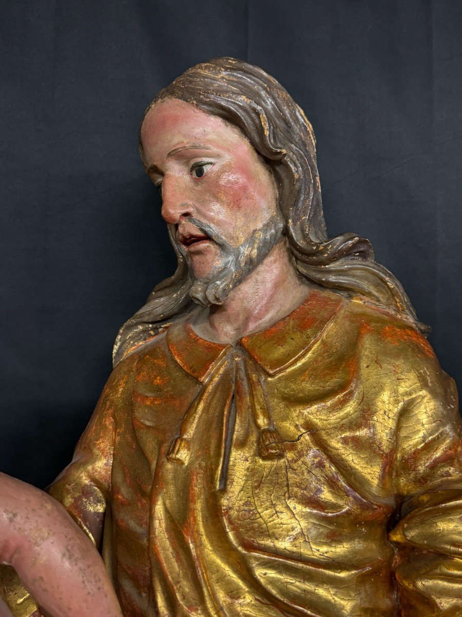 Large Gilded And Lacquered Wood Sculpture "saint Joseph And Jesus Christ" 17th Century-photo-2