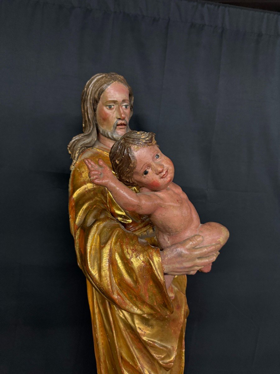 Large Gilded And Lacquered Wood Sculpture "saint Joseph And Jesus Christ" 17th Century-photo-3