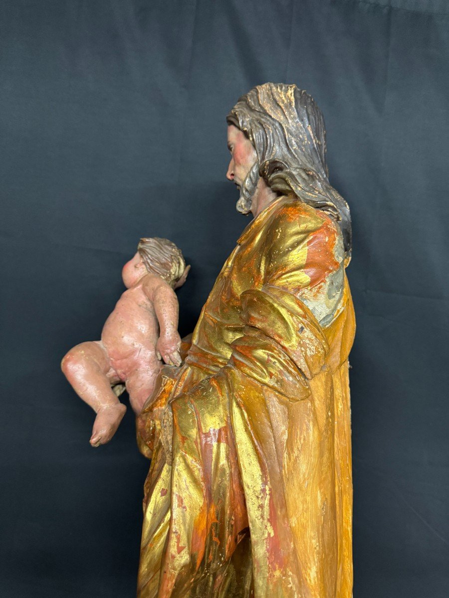 Large Gilded And Lacquered Wood Sculpture "saint Joseph And Jesus Christ" 17th Century-photo-4