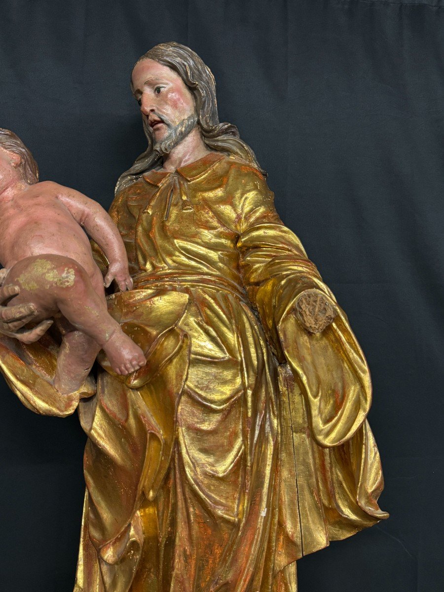 Large Gilded And Lacquered Wood Sculpture "saint Joseph And Jesus Christ" 17th Century-photo-2