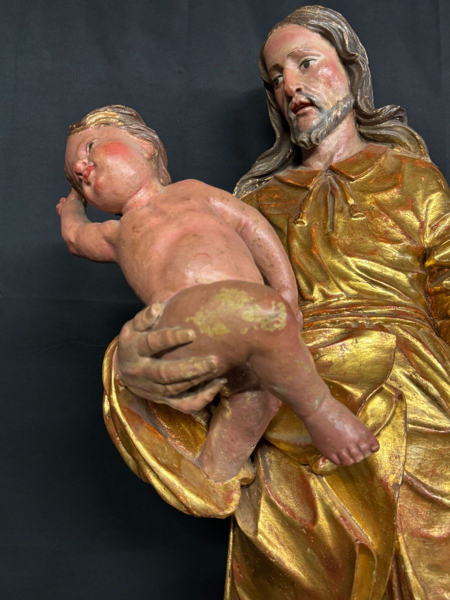 Large Gilded And Lacquered Wood Sculpture "saint Joseph And Jesus Christ" 17th Century-photo-3