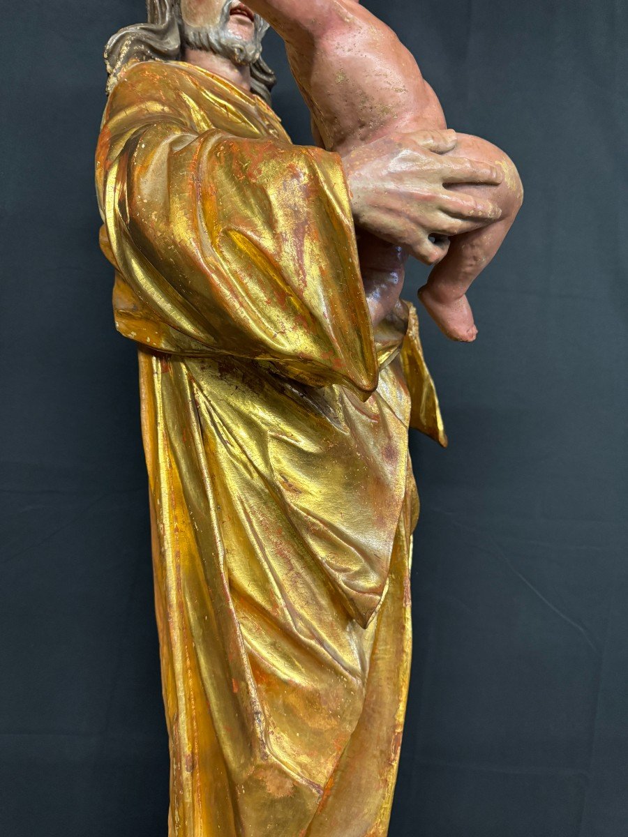 Large Gilded And Lacquered Wood Sculpture "saint Joseph And Jesus Christ" 17th Century-photo-4