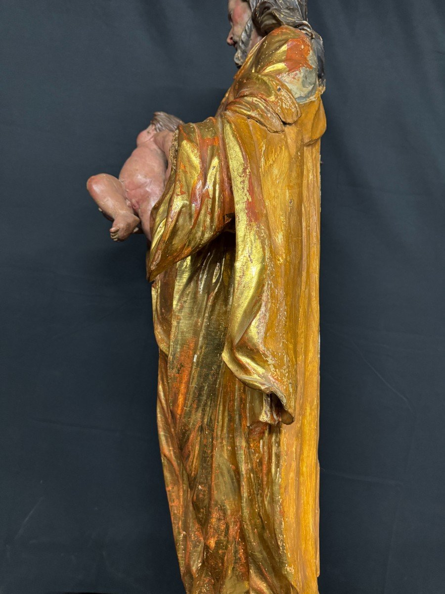 Large Gilded And Lacquered Wood Sculpture "saint Joseph And Jesus Christ" 17th Century-photo-8