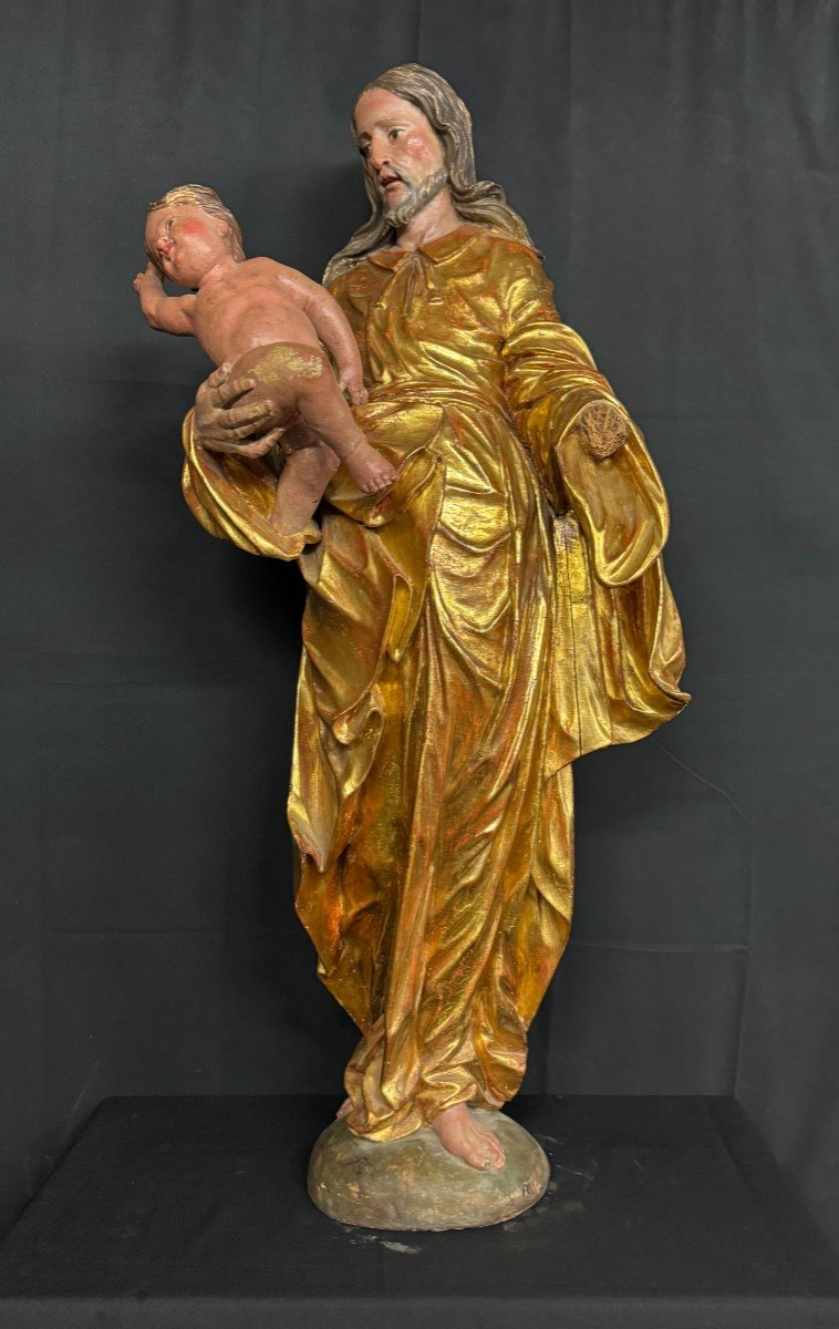 Large Gilded And Lacquered Wood Sculpture "saint Joseph And Jesus Christ" 17th Century