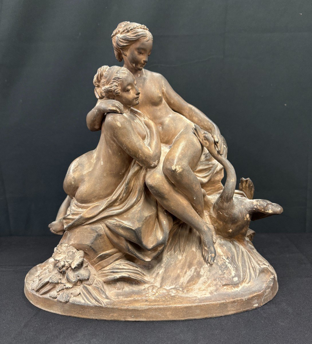 Terracotta Group "leda And The Swan" Signed Falconnet 19th Century