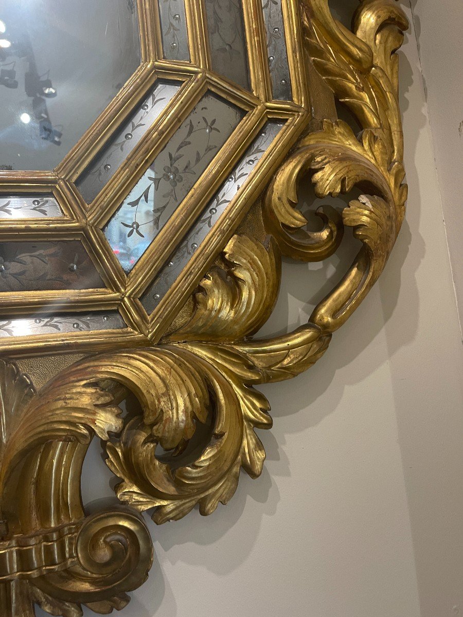 Grand Miroir Octogonal En Bois Sculpté et Doré, époque Napoléon III-photo-1