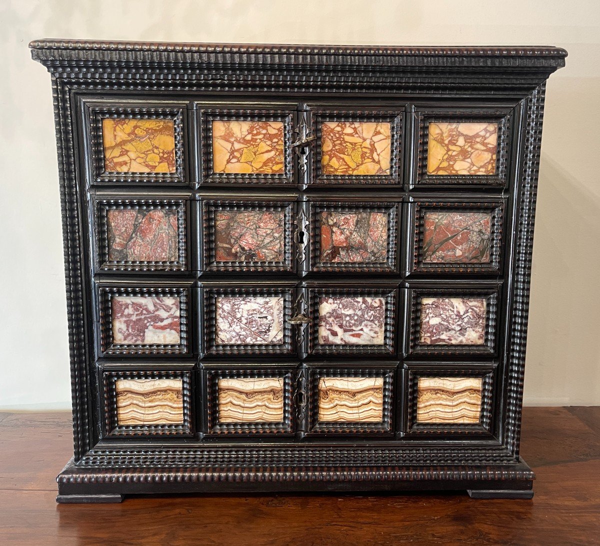 Small Cabinet In Blackened Wood, Walnut And Marble Veneer, 17th Century