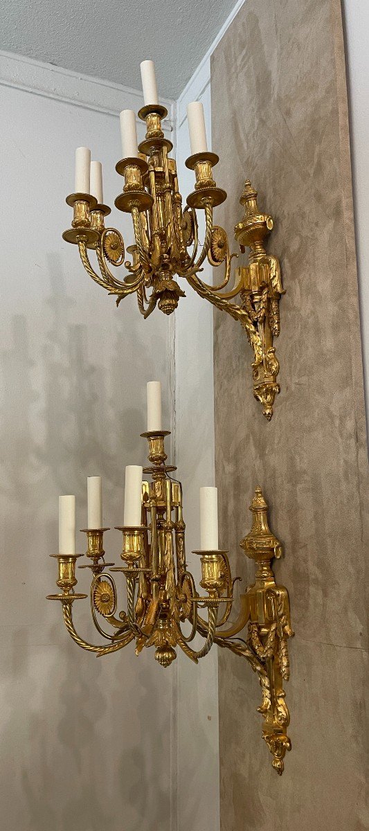 Important Pair Of Gilt Bronze Sconces, XIXth Century-photo-3