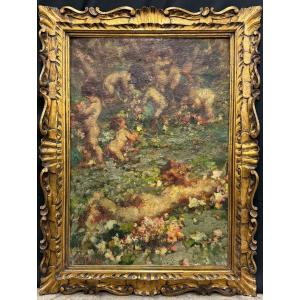 Irolli Vincenzo (Naples 1860 - Naples 1949) " Jeux De Putti " Début XX° Siècle 