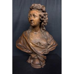 Large Patinated Terracotta Bust Representing A Young Woman, 19th Century