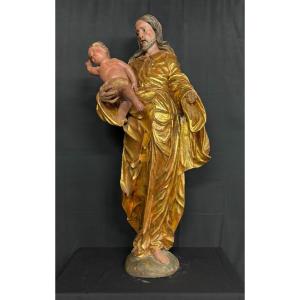 Grande Sculpture En Bois Doré Et Laqué " Saint Joseph Et Jésus Christ " XVII° Siècle