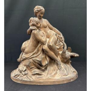 Terracotta Group "leda And The Swan" Signed Falconnet 19th Century