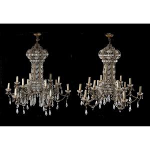 Pair Of 12-light Chandeliers In Gilded Iron And Tassels, 19th Century