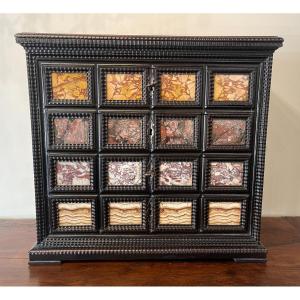 Small Cabinet In Blackened Wood, Walnut And Marble Veneer, 17th Century