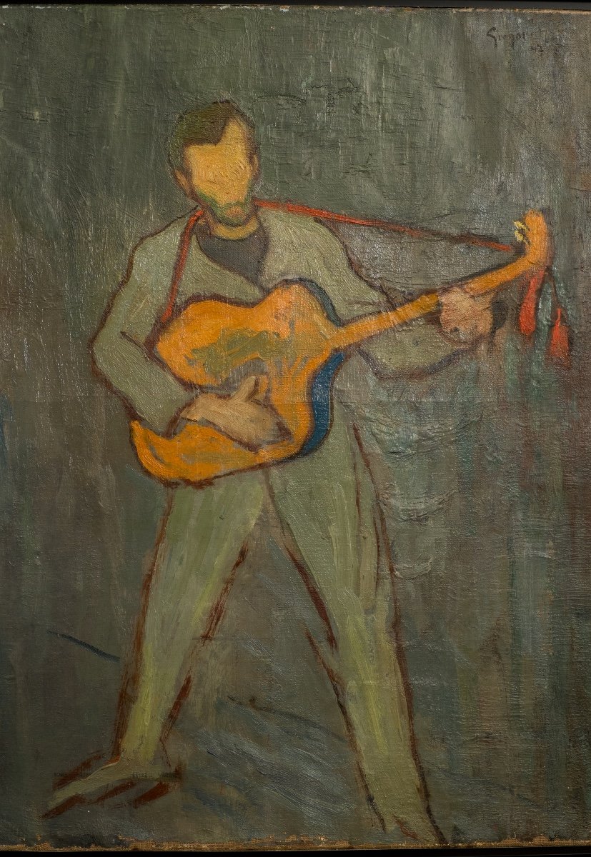 Gregori Gino . le guitariste à la tambura . huile sur toile . signé daté 1947 ..-photo-2