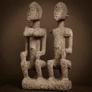 Wood Sculpture .. Seated Dogon Couple . Mali . Africa ..