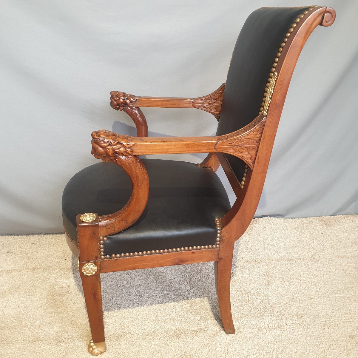 Fauteuil d'officier XIXème d'époque " EMPIRE - CONSULAT " bois de cerisier-photo-4