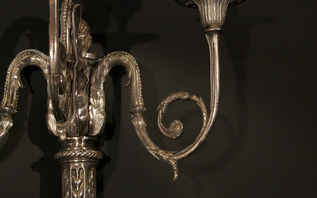Pair Of Louis XVI Silver Bronze Sconces-photo-3