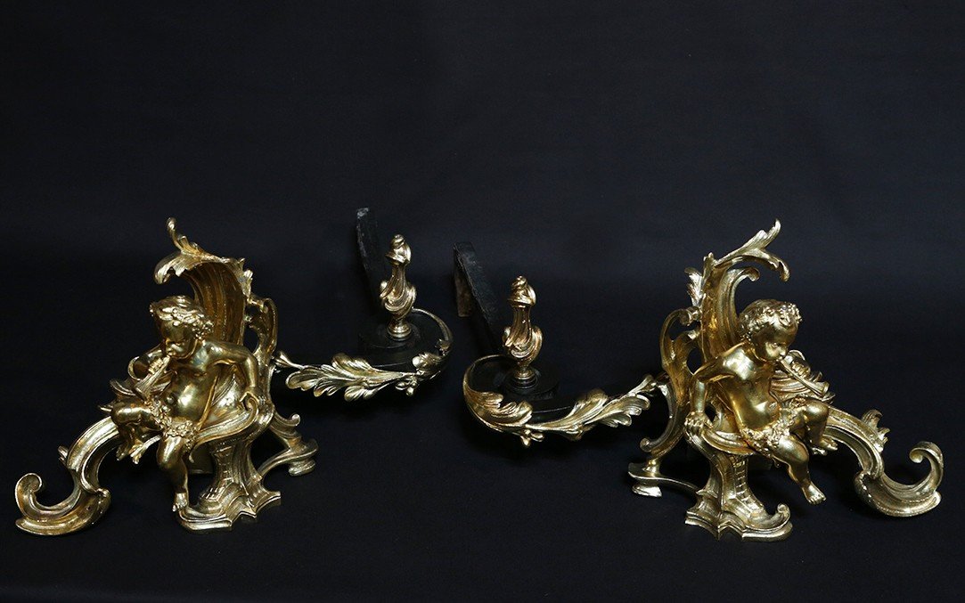 18th Century Chiseled And Gilded Bronze Andirons-photo-3