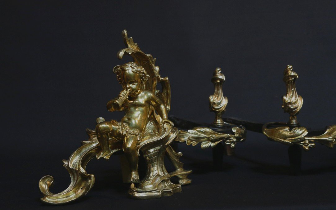 18th Century Chiseled And Gilded Bronze Andirons