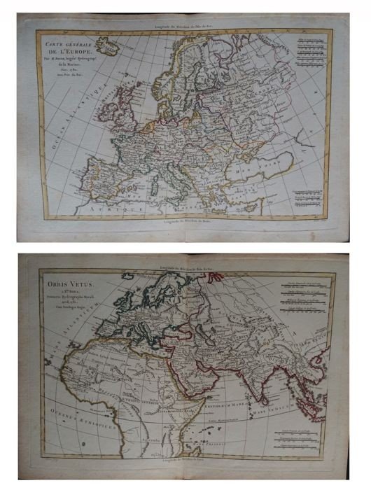 Pair Of Maps Of Europe, 18th Century, Cartographer R. Bonne