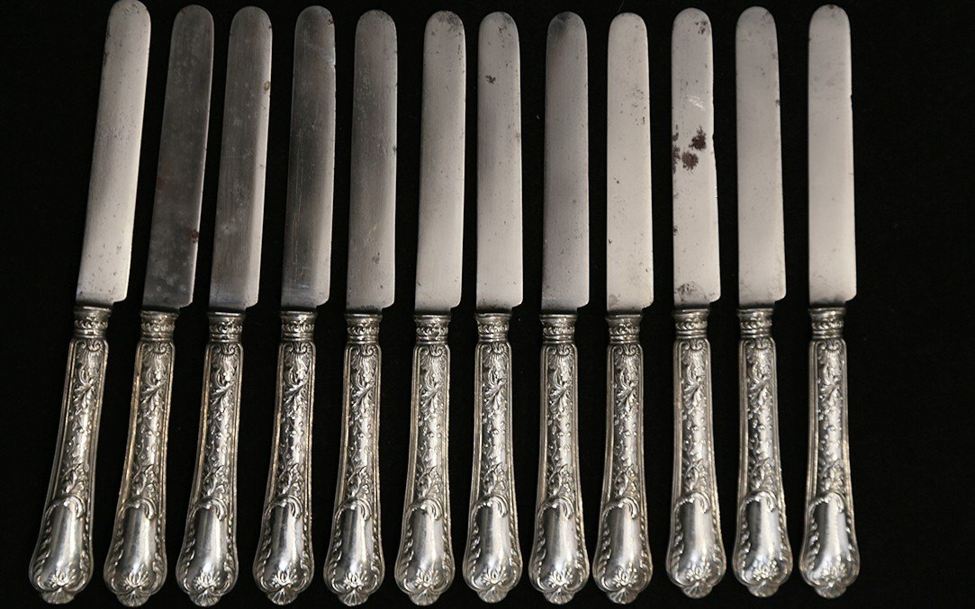 Set Of 12 Filled Sterling Silver Knives, 19th Century-photo-5