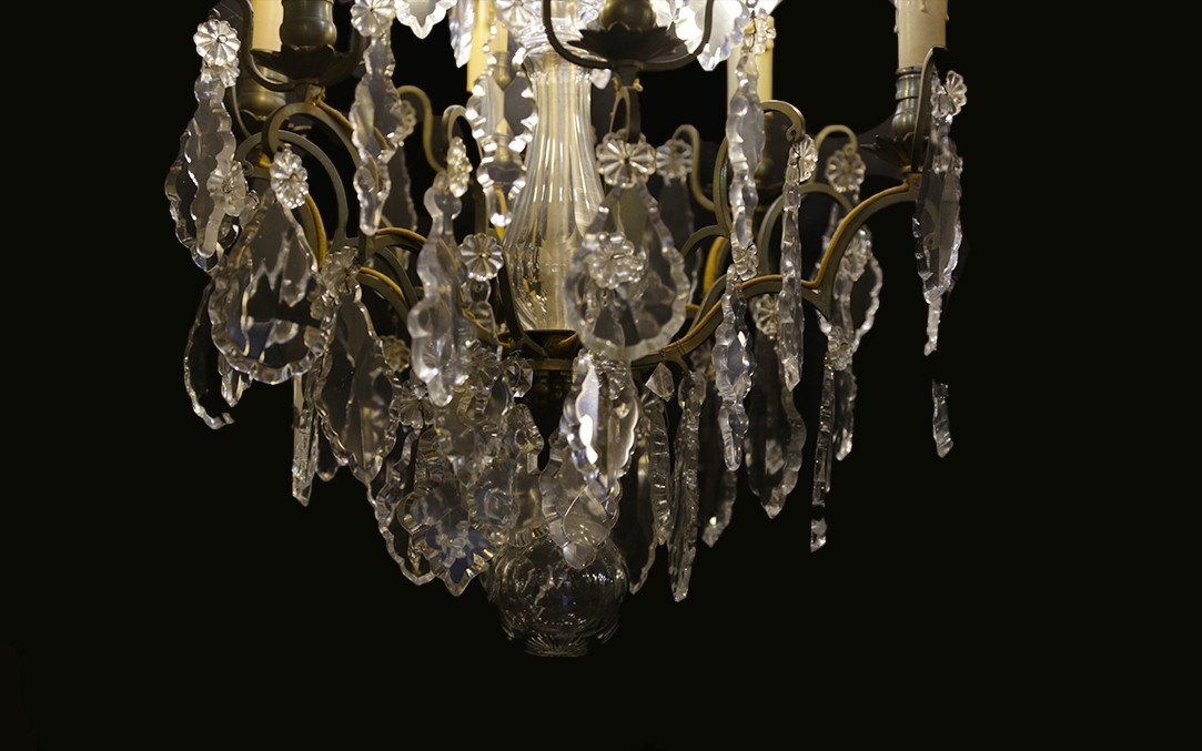 Chandelier With Tassels, Crystal And Bronze, 19th Century (diam; 40 Cm, Ht: 70 Cm)-photo-2