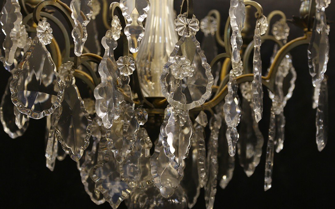 Chandelier With Tassels, Crystal And Bronze, 19th Century (diam; 40 Cm, Ht: 70 Cm)-photo-3