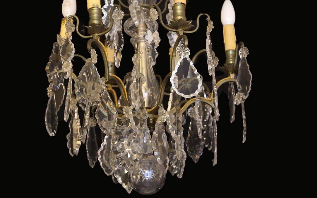 Chandelier With Tassels, Crystal And Bronze, 19th Century (diam; 40 Cm, Ht: 70 Cm)-photo-1