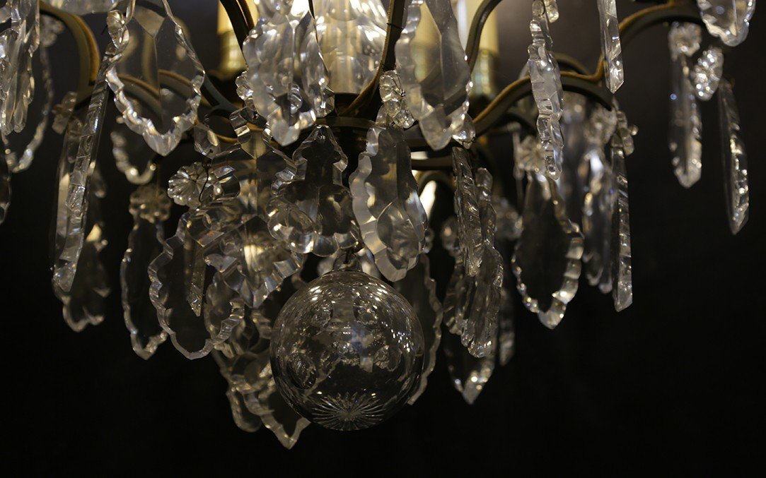 Chandelier With Tassels, Crystal And Bronze, 19th Century (diam; 40 Cm, Ht: 70 Cm)-photo-3