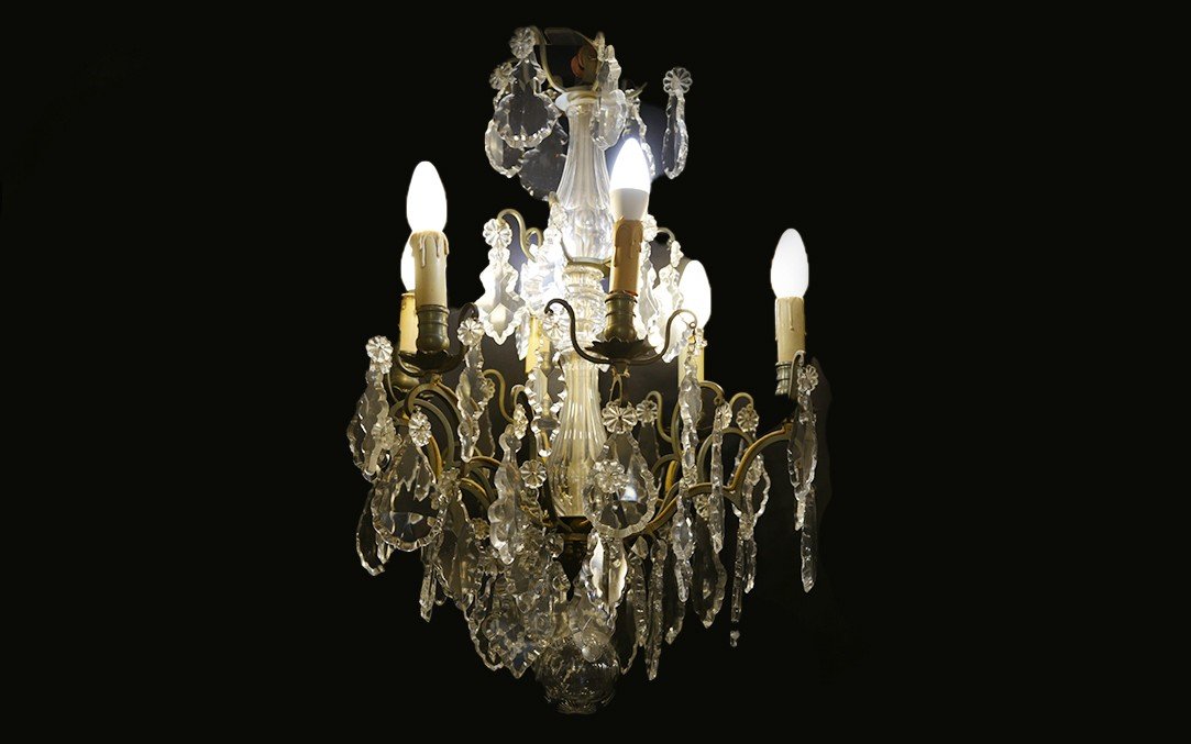 Chandelier With Tassels, Crystal And Bronze, 19th Century (diam; 40 Cm, Ht: 70 Cm)