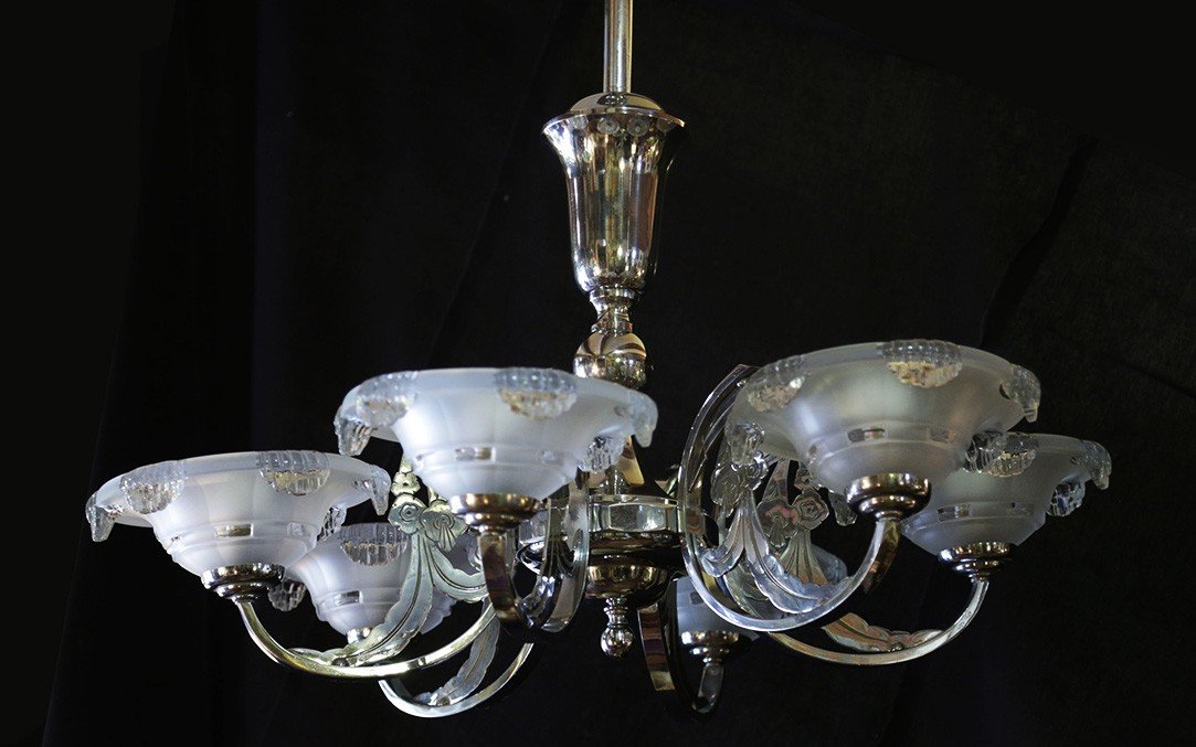 Lustre Art Deco, Chrome, 6 Lumières