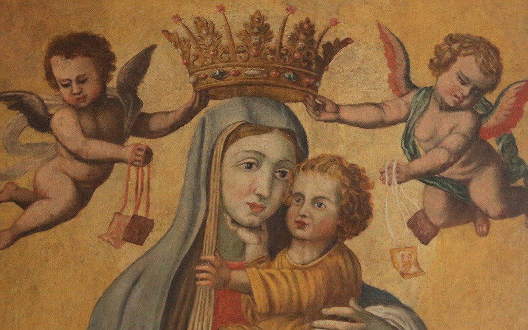 Oil On Canvas, Crowned Virgin And Child, 16th Century-photo-3