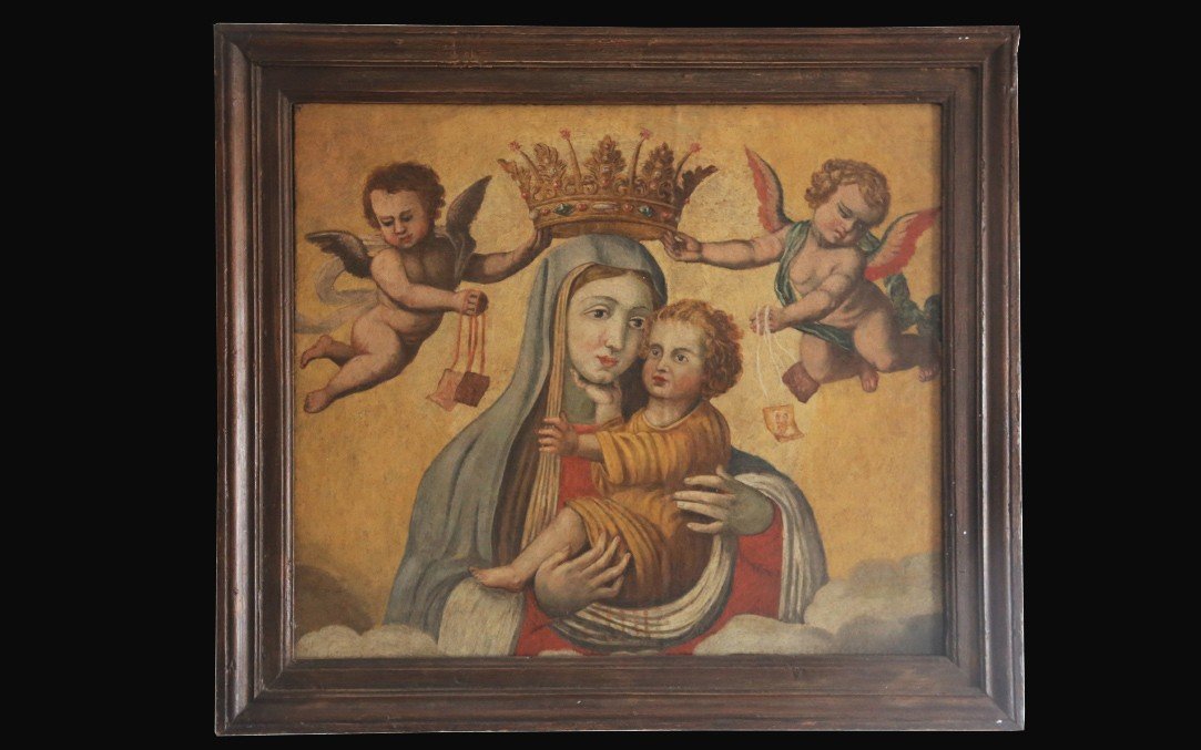 Oil On Canvas, Crowned Virgin And Child, 16th Century