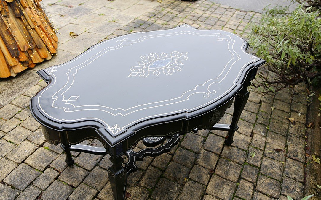 Table vernie Noire, XIXème, Marqueterie, Excellent état-photo-2