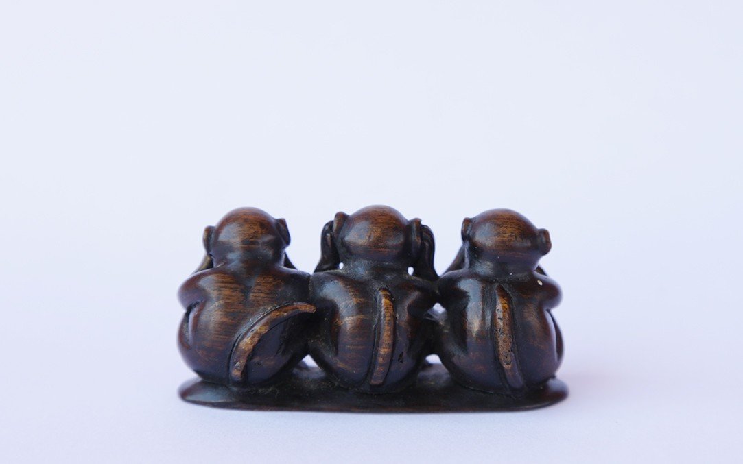 Netsuke, Bois Dur, Les Trois Singes De La Sagesse-photo-6