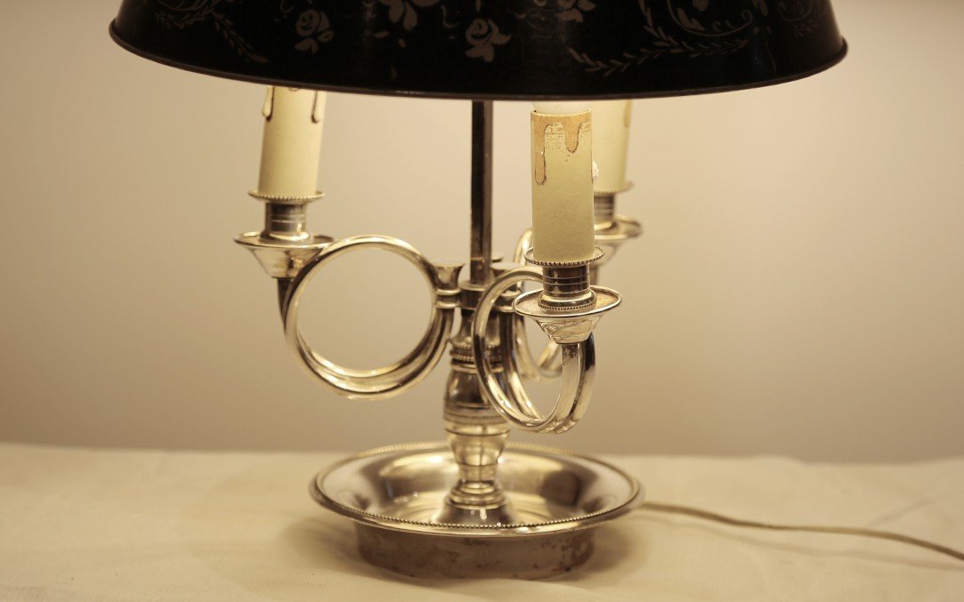 Lampe Bouillotte, Bronze Argenté Et Tôle Peinte, XIXème Siècle -photo-1