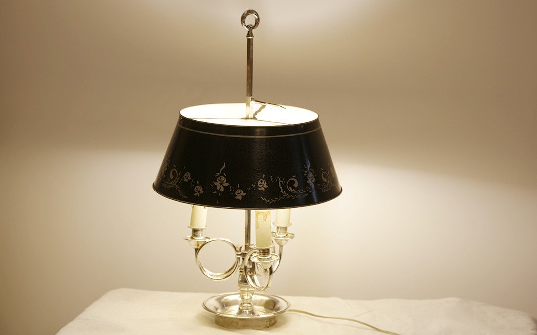 Lampe Bouillotte, Bronze Argenté Et Tôle Peinte, XIXème Siècle -photo-3