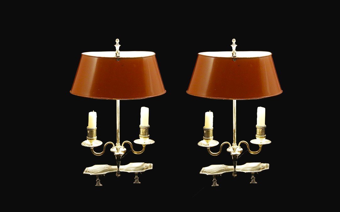 Pair Of Bouillotte Lamps, Silvered Bronze, 19th Century, Electrified-photo-3