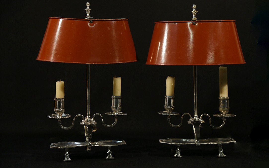 Pair Of Bouillotte Lamps, Silvered Bronze, 19th Century, Electrified-photo-4