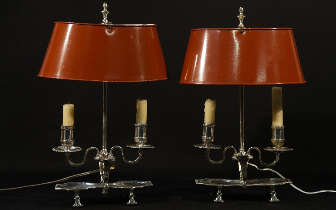 Pair Of Bouillotte Lamps, Silvered Bronze, 19th Century, Electrified-photo-3