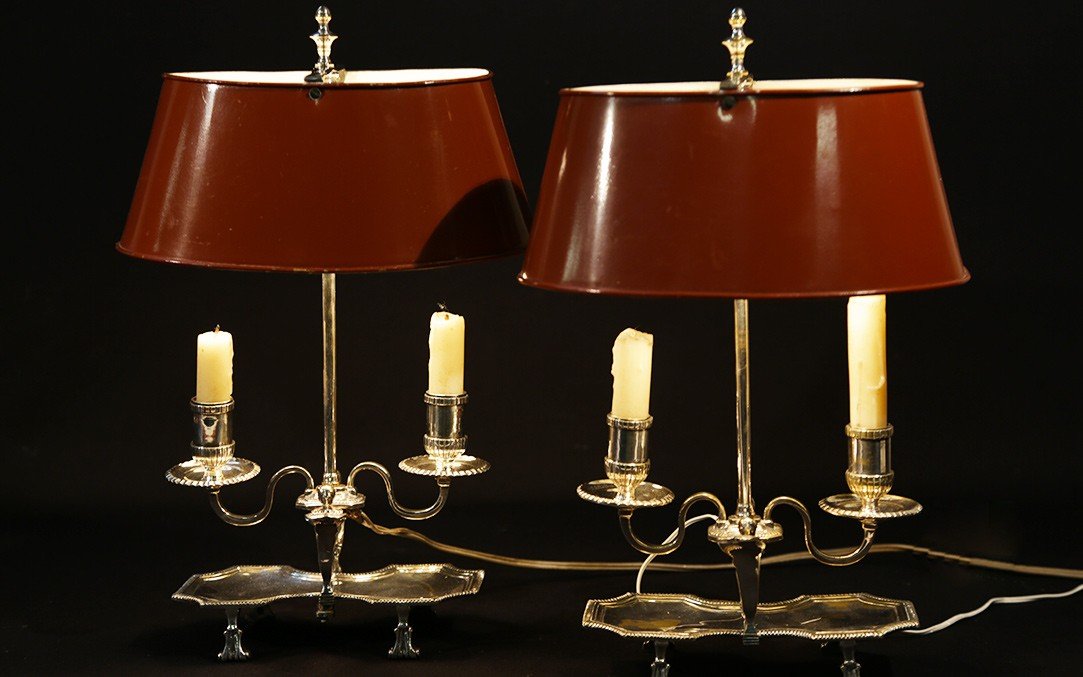 Pair Of Bouillotte Lamps, Silvered Bronze, 19th Century, Electrified