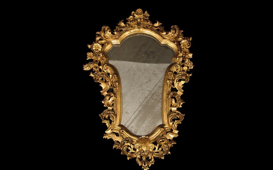 Miroir Italien, Rococo/baroque, XVIIIeme, Bois Doré (92 Cm)-photo-3